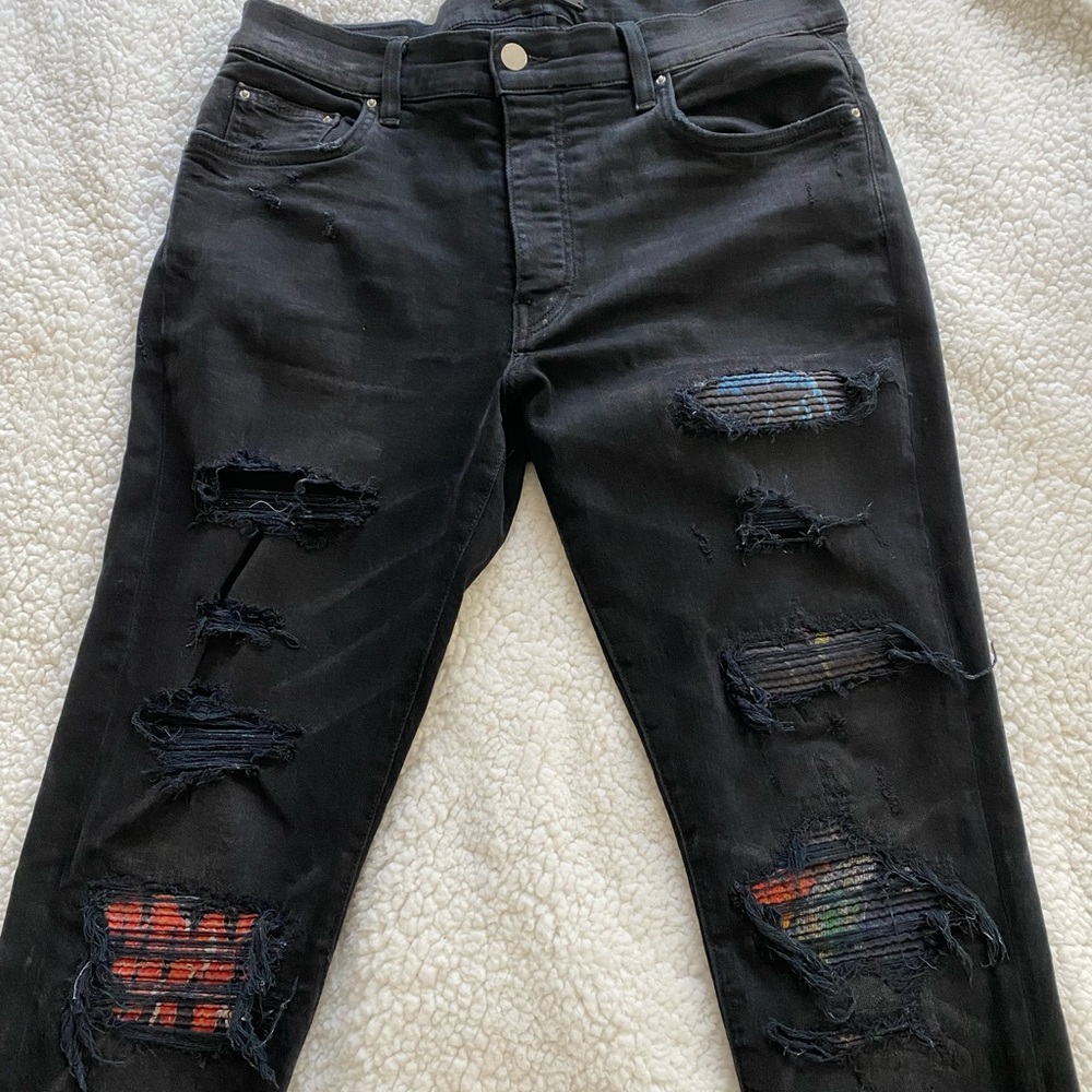 AMIRI Black Skinny Ripped Jeans with Multicolor Patches